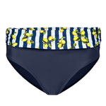 Navy blue bikini bottom with a striped lemon-patterned waistband on a white background