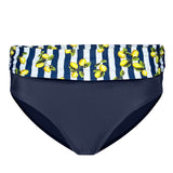 Navy blue bikini bottom with a striped lemon-patterned waistband on a white background
