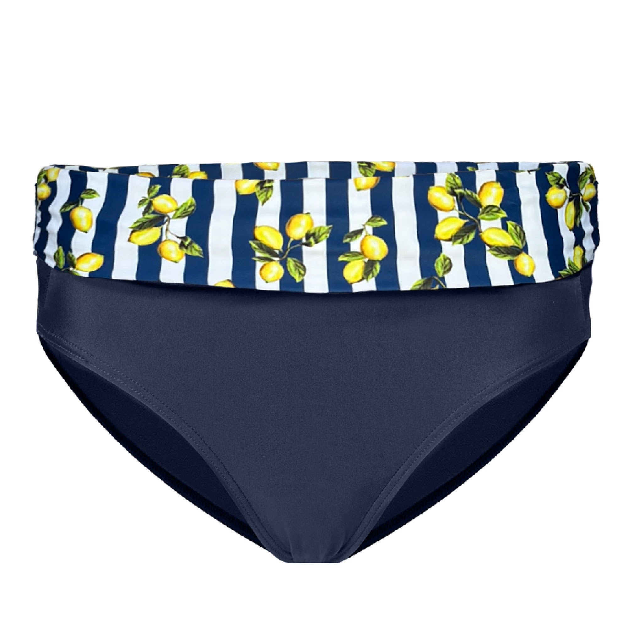 Navy blue bikini bottom with a striped lemon-patterned waistband on a white background